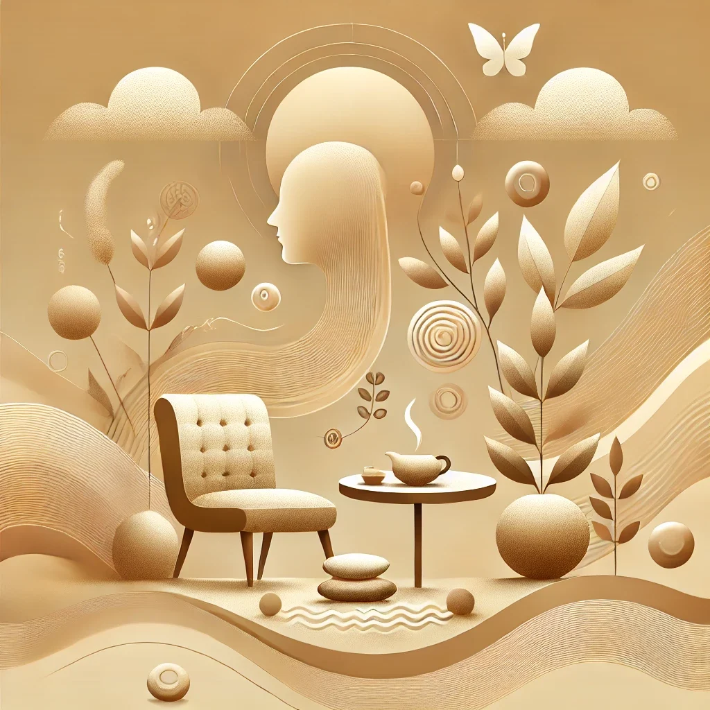 Illustration thérapeutique – Gestion du stress, relaxation et bien-être mental Une scène apaisante inspirée du cadre thérapeutique en sophrologie ou EMDR, axée sur la détente, la sérénité et le soin du mental.